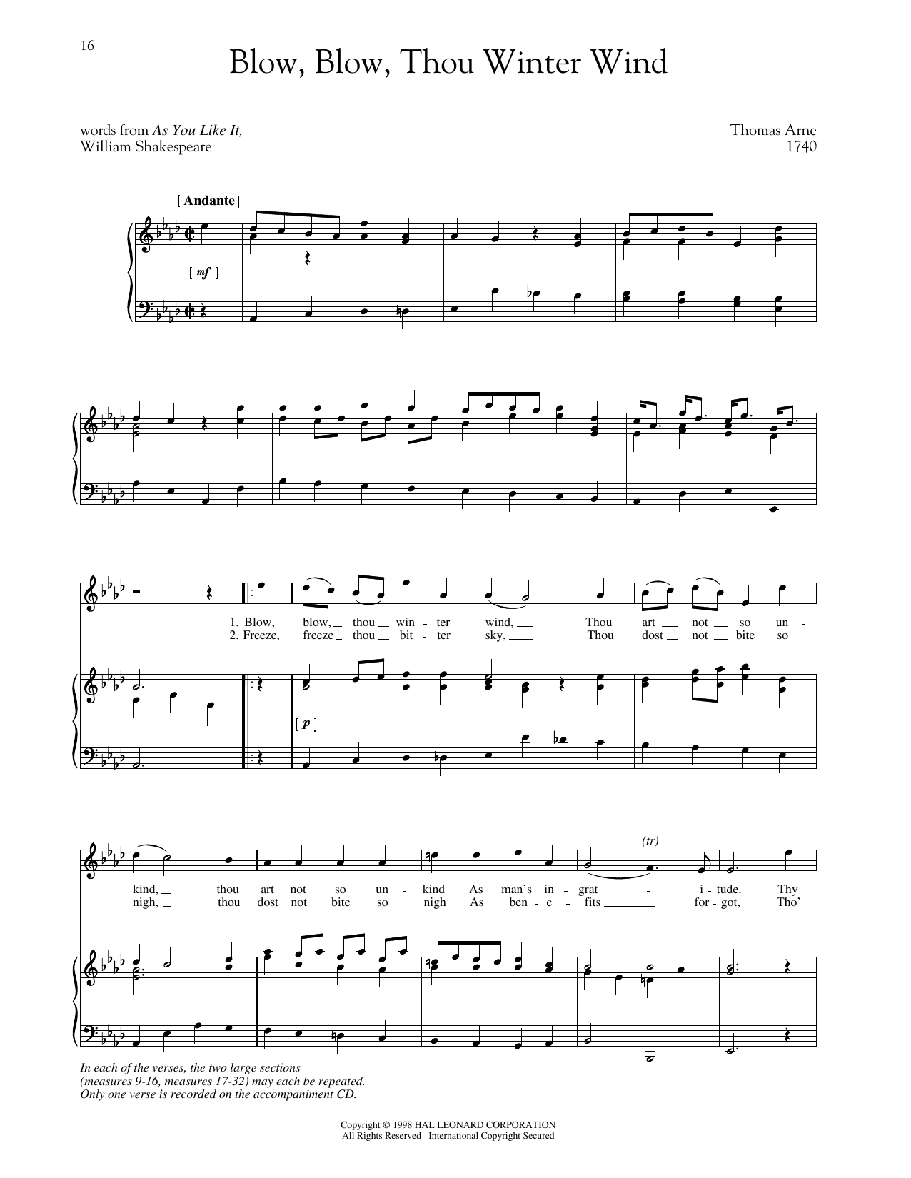 Download Thomas Arne Blow, Blow, Thou Winter Wind Sheet Music and learn how to play Piano & Vocal PDF digital score in minutes