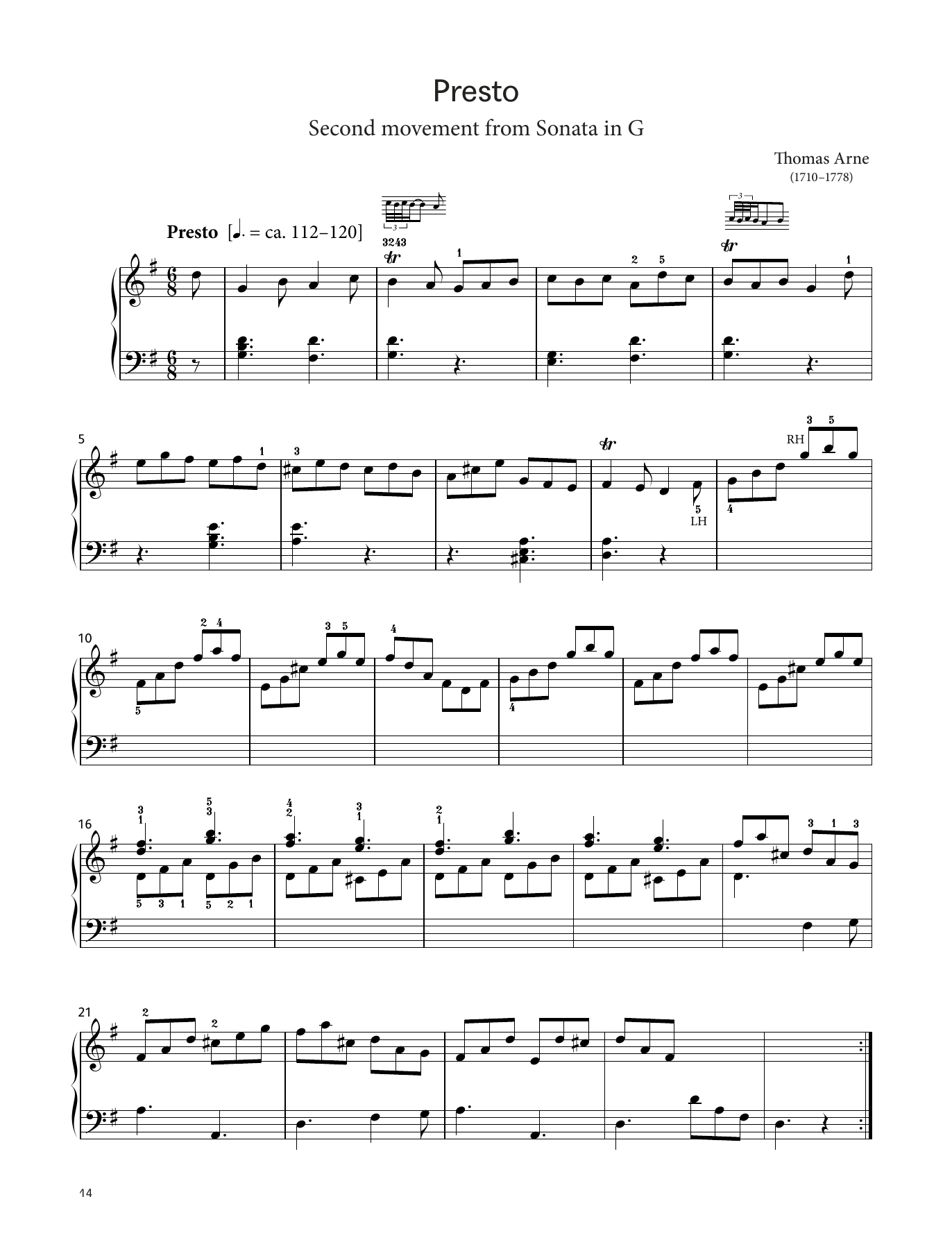 Download Thomas Arne Presto (LCME Piano 2018 Grade 5 List A) Sheet Music and learn how to play Piano Solo PDF digital score in minutes