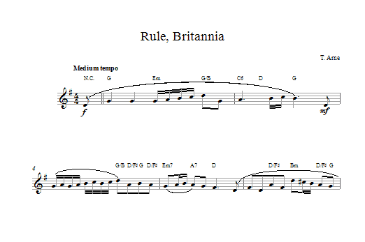 Download Thomas Arne Rule Britannia Sheet Music and learn how to play Melody Line & Chords PDF digital score in minutes