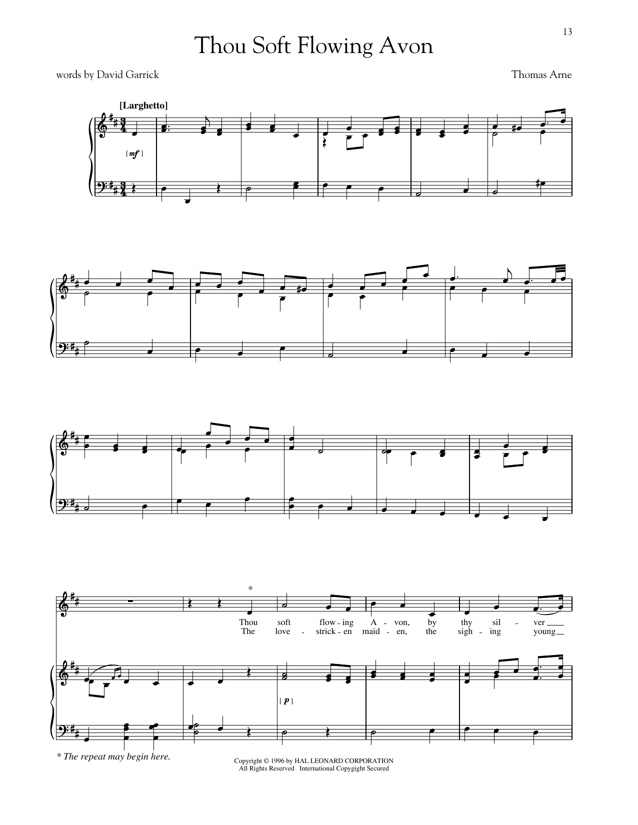 Download Thomas Arne Thou Soft Flowing Avon Sheet Music and learn how to play Piano & Vocal PDF digital score in minutes