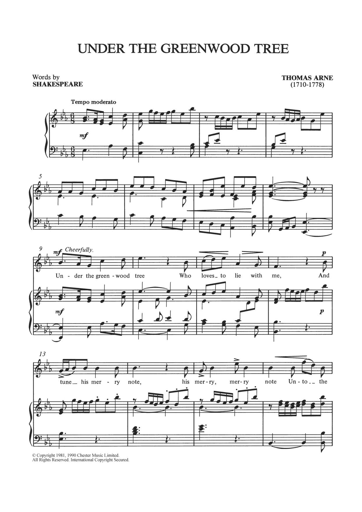 Download Thomas Arne Under The Greenwood Tree Sheet Music and learn how to play Piano & Vocal PDF digital score in minutes