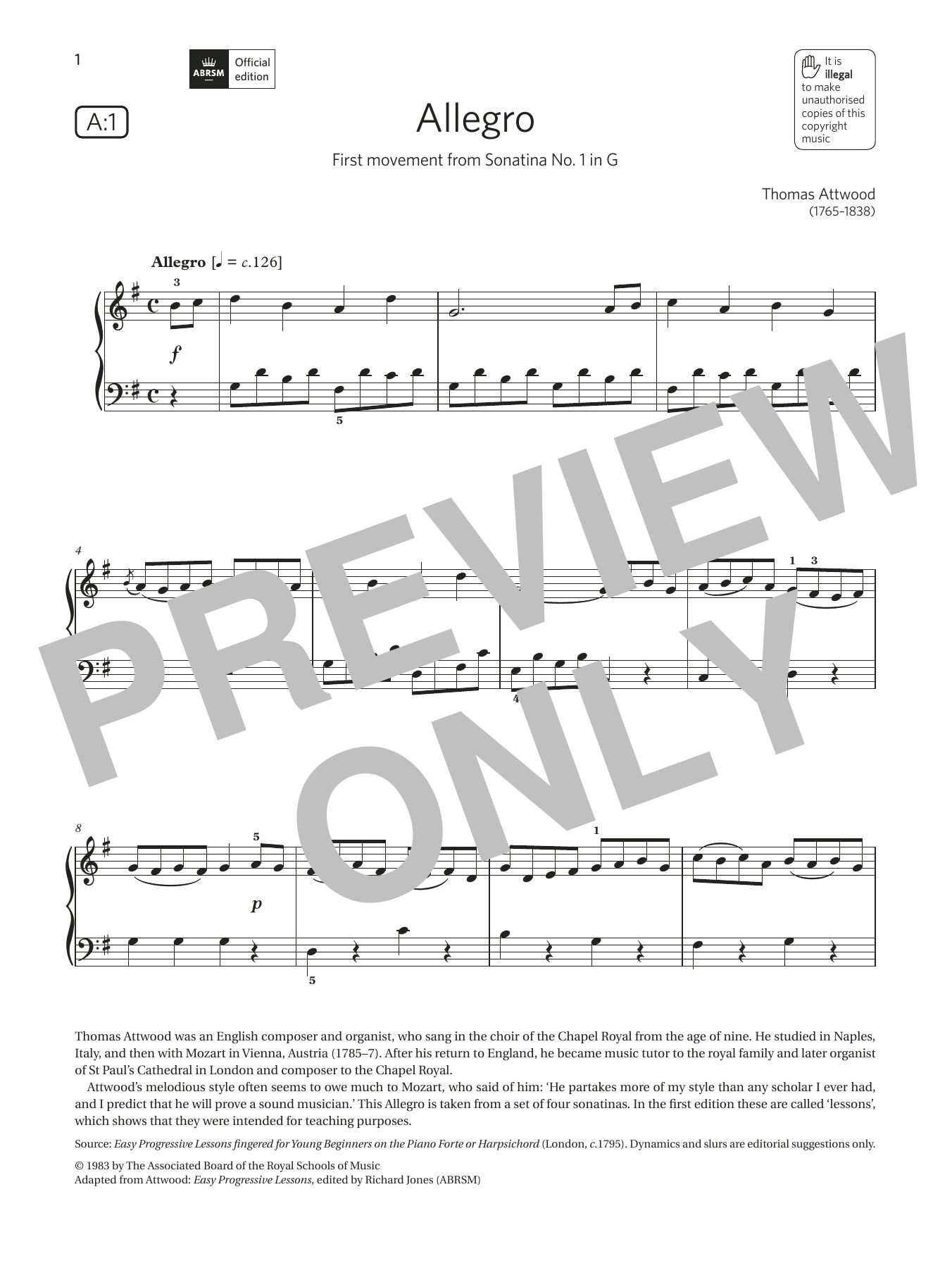 Download Thomas Attwood Allegro (Grade 2, list A1, from the ABRSM Piano Syllabus 2021 & 2022) Sheet Music and learn how to play Piano Solo PDF digital score in minutes