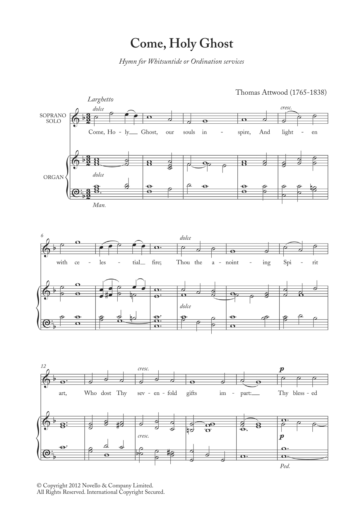 Download Thomas Attwood Come, Holy Ghost Sheet Music and learn how to play Choir PDF digital score in minutes