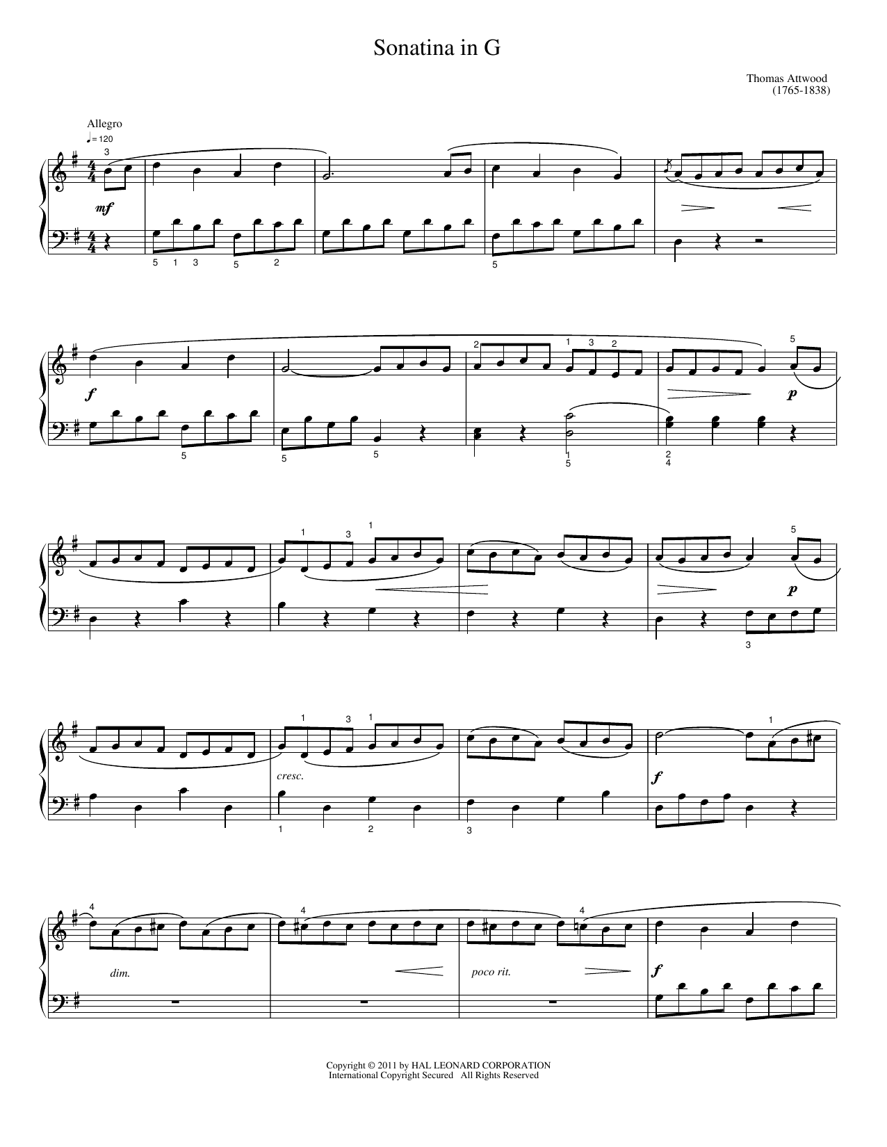 Download Thomas Attwood Sonatina in G Sheet Music and learn how to play Easy Piano PDF digital score in minutes