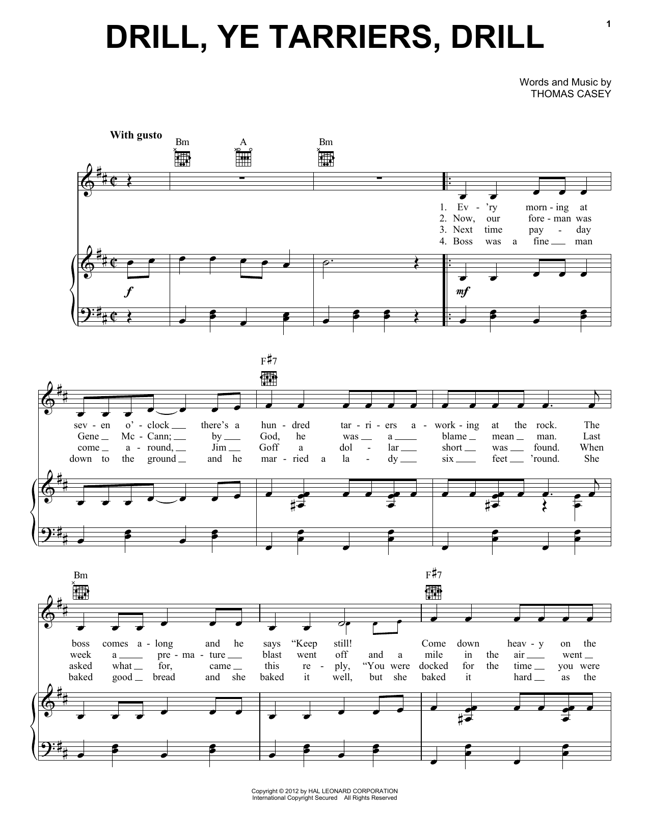 Download Thomas Casey Drill Ye Tarriers Sheet Music and learn how to play Piano, Vocal & Guitar (Right-Hand Melody) PDF digital score in minutes