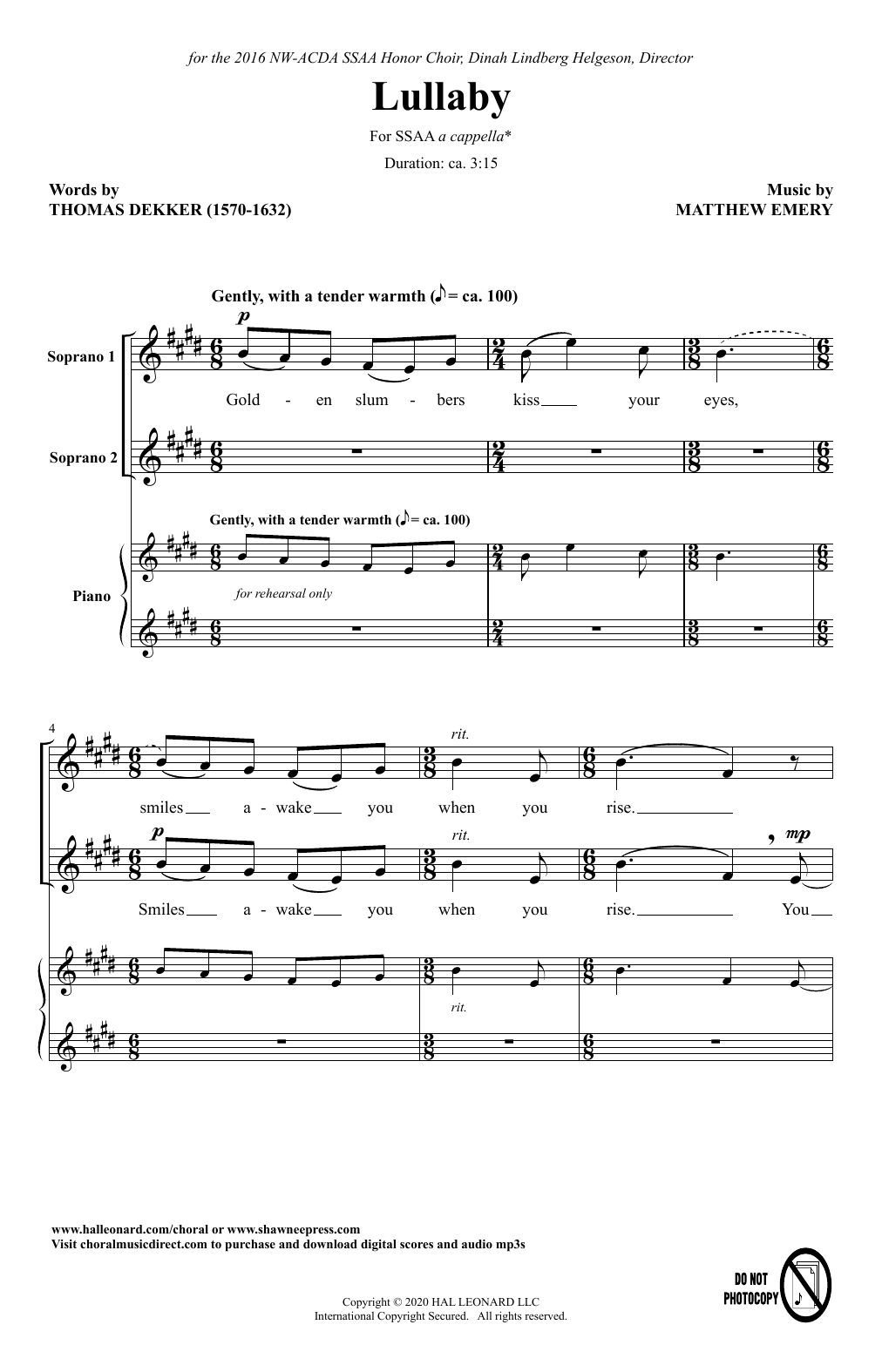 Download Thomas Dekker and Matthew Emery Lullaby Sheet Music and learn how to play SSAA Choir PDF digital score in minutes