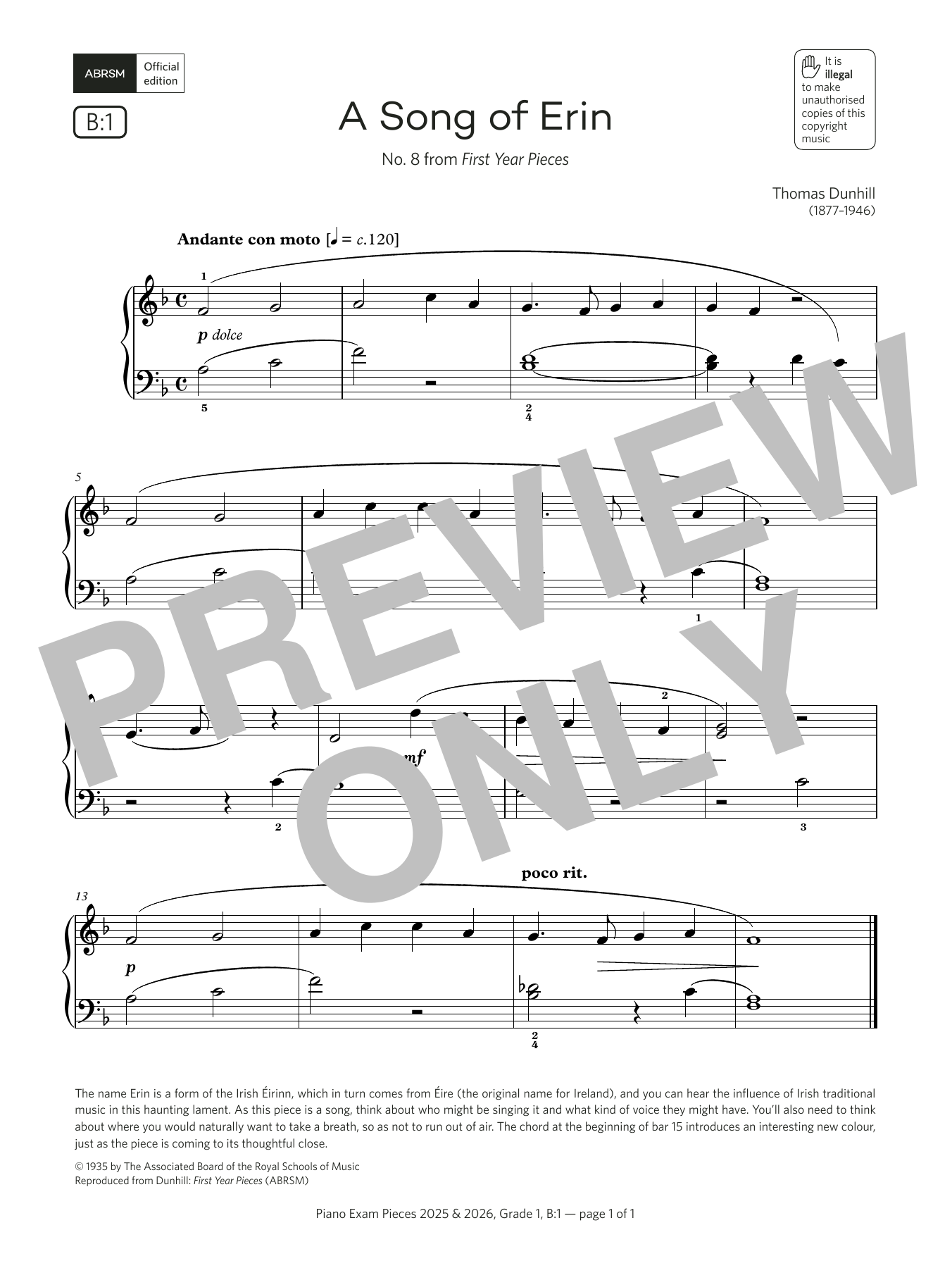 Download Thomas Dunhill A Song of Erin (Grade 1, list B1, from the ABRSM Piano Syllabus 2025 & 2026) Sheet Music and learn how to play Piano Solo PDF digital score in minutes