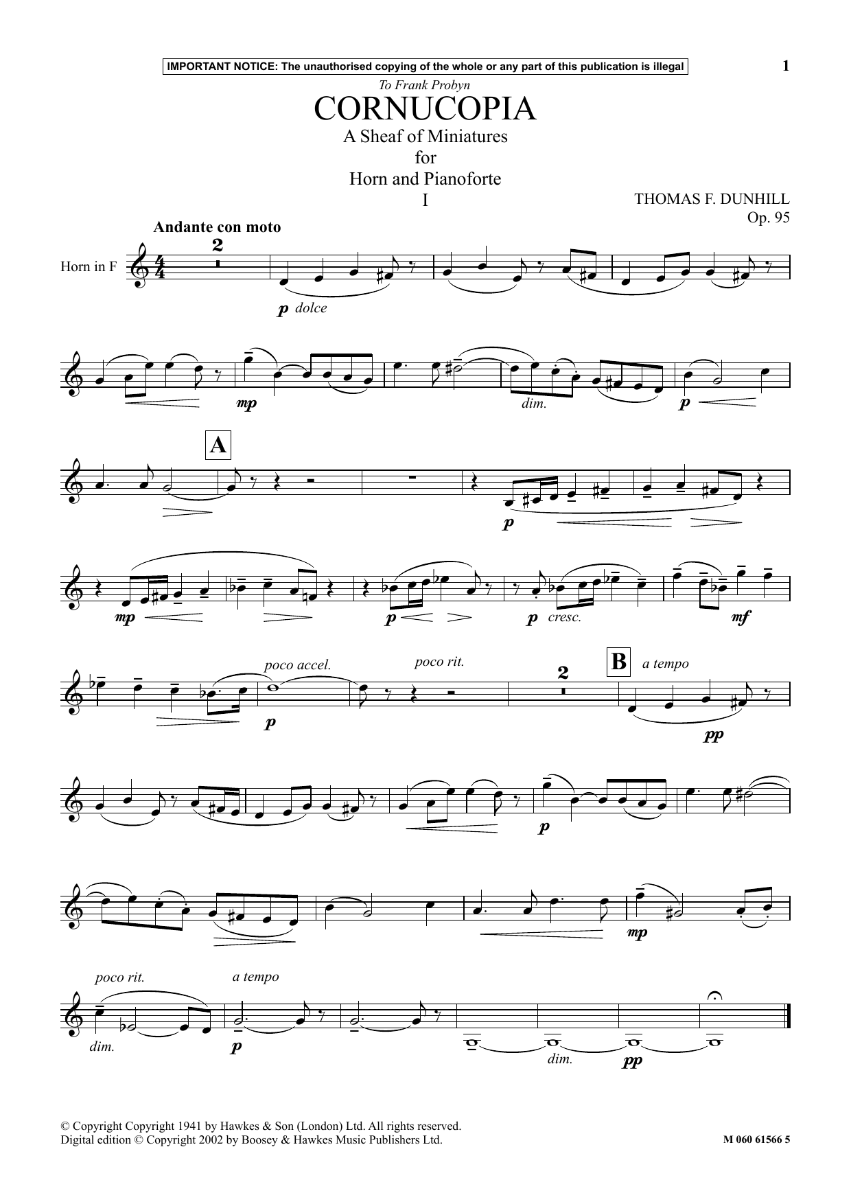 Download Thomas F. Dunhill Cornucopia - A Sheaf Of Miniatures For Horn And Pianoforte (I) Sheet Music and learn how to play Instrumental Solo PDF digital score in minutes