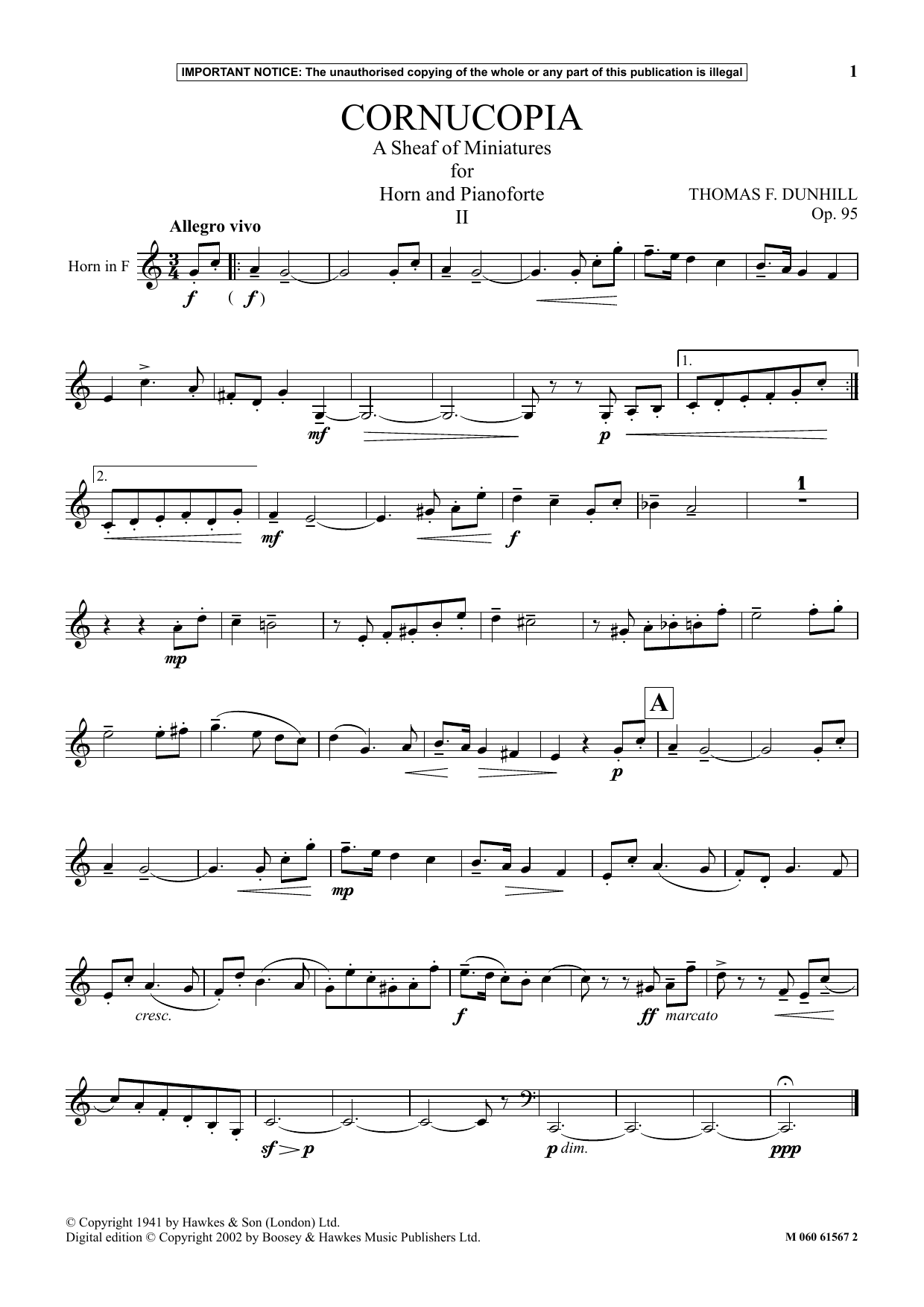 Download Thomas F. Dunhill Cornucopia - A Sheaf Of Miniatures For Horn And Pianoforte (II) Sheet Music and learn how to play Instrumental Solo PDF digital score in minutes