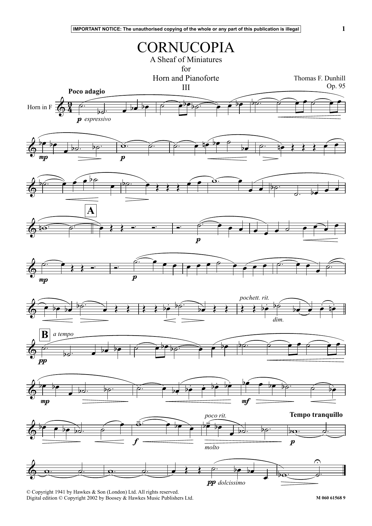 Download Thomas F. Dunhill Cornucopia- A Sheaf Of Miniatures For Horn And Pianoforte (III) Sheet Music and learn how to play Instrumental Solo PDF digital score in minutes