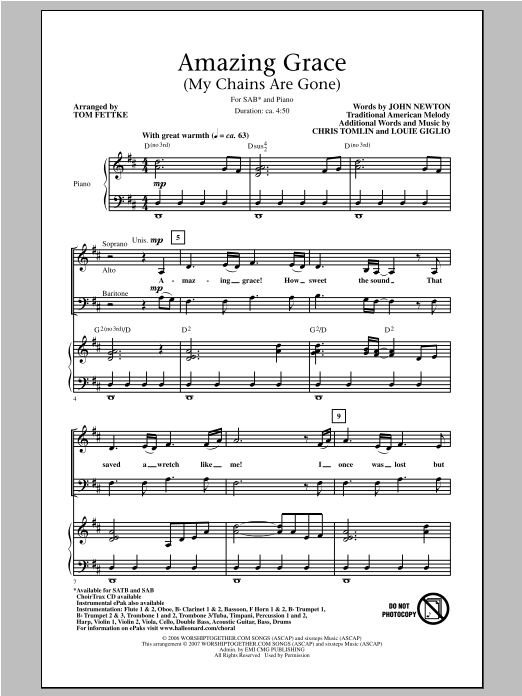 Download Tom Fettke Amazing Grace (My Chains Are Gone) Sheet Music and learn how to play SAB PDF digital score in minutes