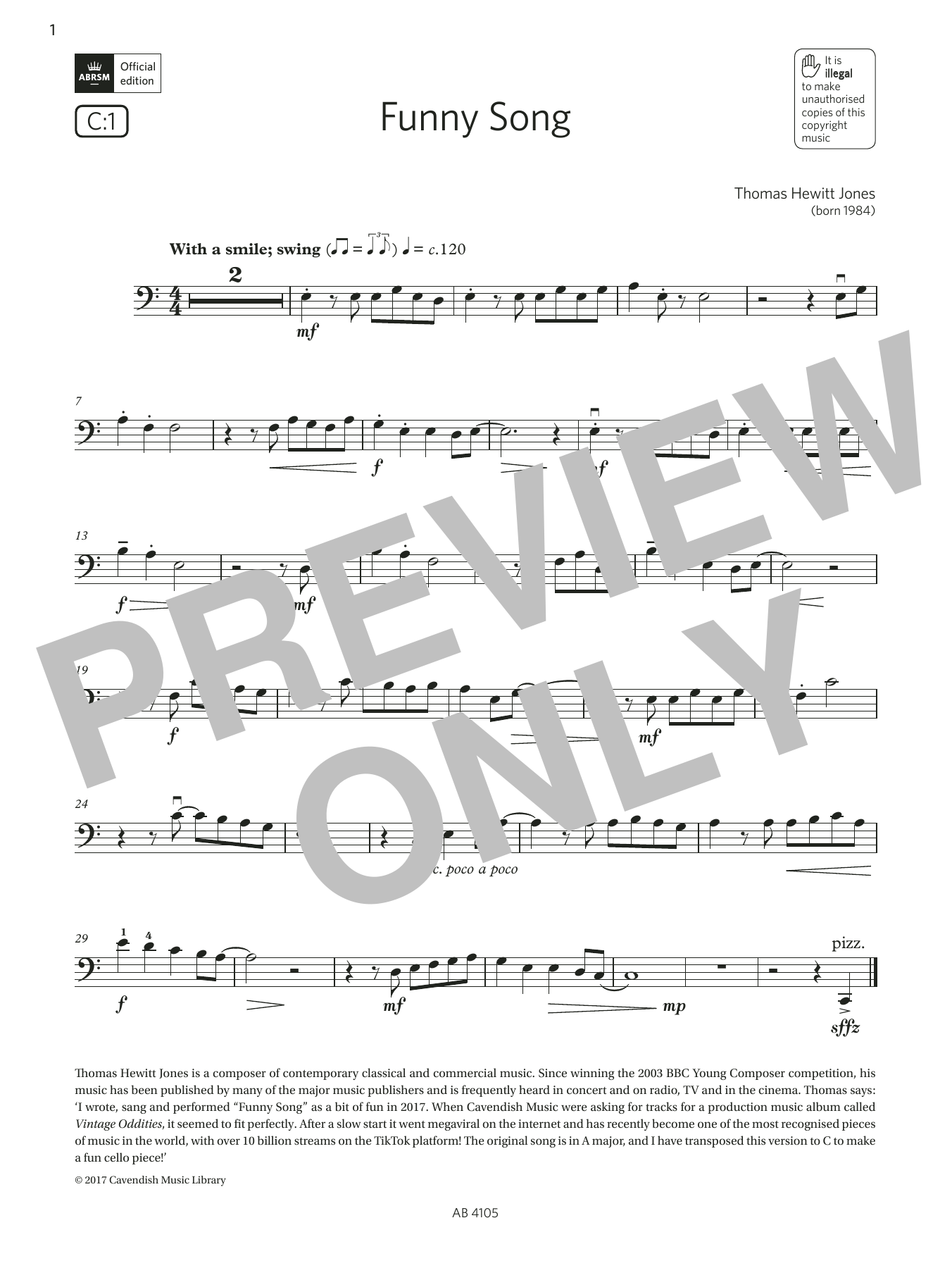 Download Thomas Hewitt Jones Funny Song (Grade 2, C1, from the ABRSM Cello Syllabus from 2024) Sheet Music and learn how to play Cello Solo PDF digital score in minutes