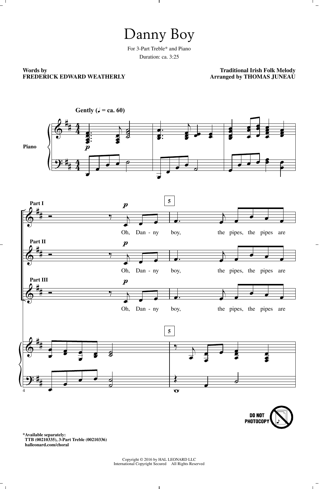 Download Irish Folksong Danny Boy (arr. Thomas Juneau) Sheet Music and learn how to play 3-Part Treble PDF digital score in minutes