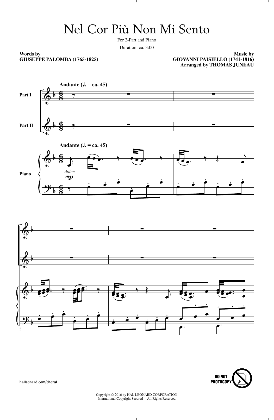 Download Thomas Juneau Nel Cor Piu Non Mi Sento Sheet Music and learn how to play 2-Part Choir PDF digital score in minutes