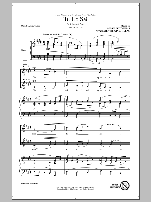 Download Giuseppe Torelli Tu Lo Sai (arr. Thomas Juneau) Sheet Music and learn how to play 2-Part Choir PDF digital score in minutes