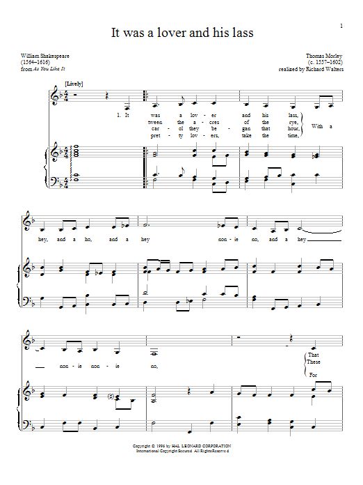 Download Thomas Morley It Was A Lover And His Lass Sheet Music and learn how to play Piano & Vocal PDF digital score in minutes