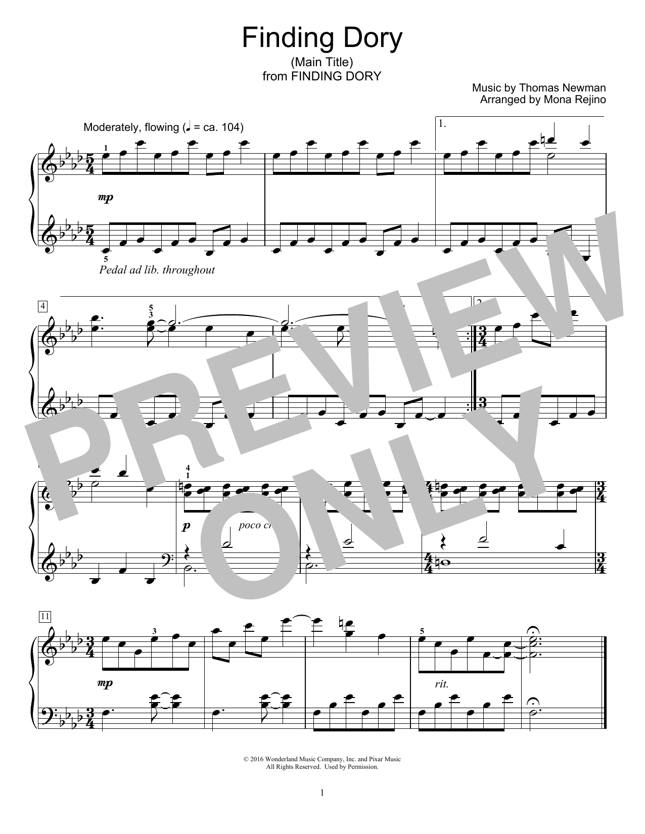 Download Mona Rejino Finding Dory (Main Title) Sheet Music and learn how to play Educational Piano PDF digital score in minutes