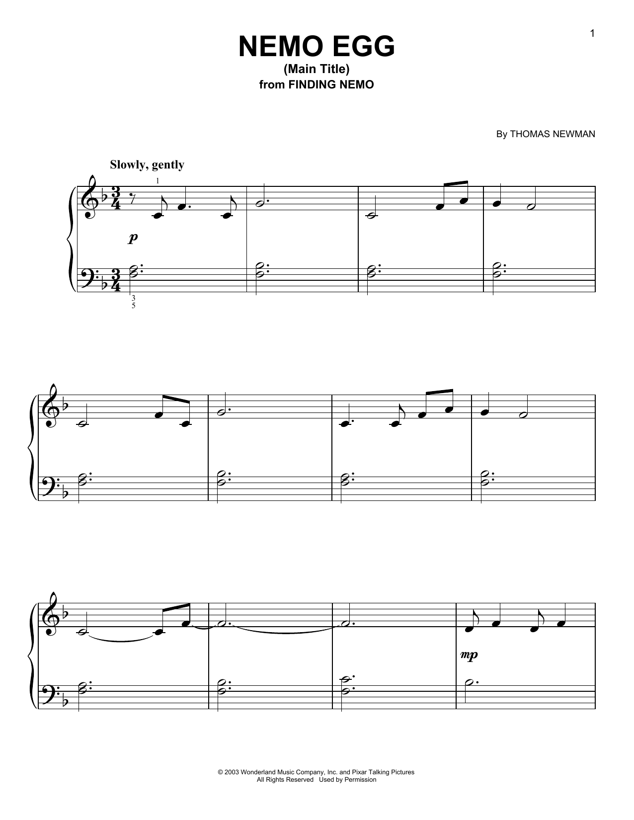 Download Thomas Newman Nemo Egg (Main Title) (from Finding Nemo) Sheet Music and learn how to play Big Note Piano PDF digital score in minutes