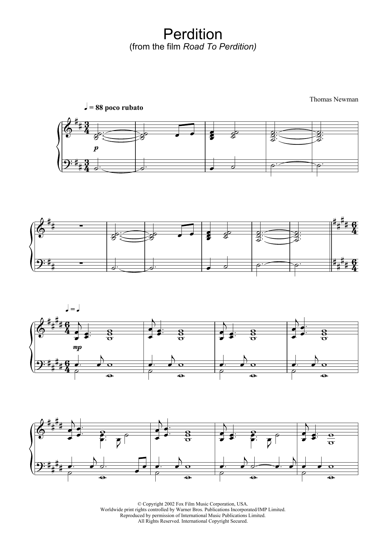 Download Thomas Newman Perdition (from Road To Perdition) Sheet Music and learn how to play Piano PDF digital score in minutes