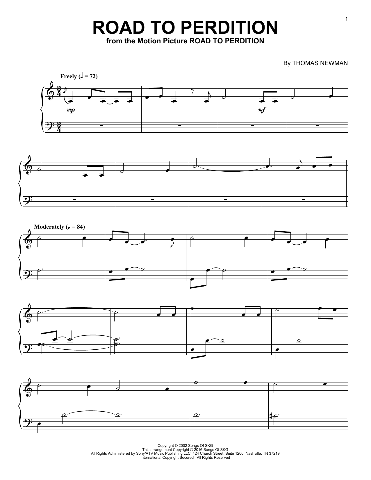 Download Thomas Newman Road To Perdition Sheet Music and learn how to play Piano PDF digital score in minutes