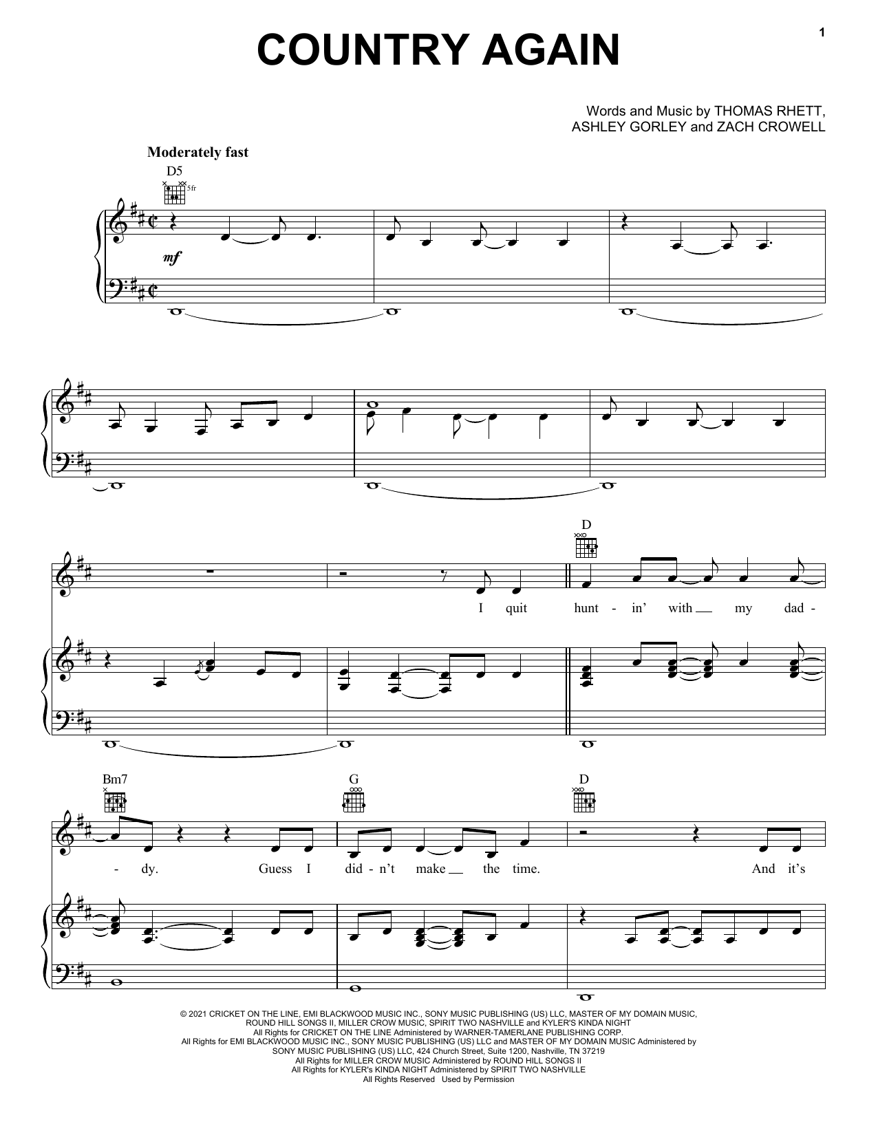 Download Thomas Rhett Country Again Sheet Music and learn how to play Piano, Vocal & Guitar Chords (Right-Hand Melody) PDF digital score in minutes