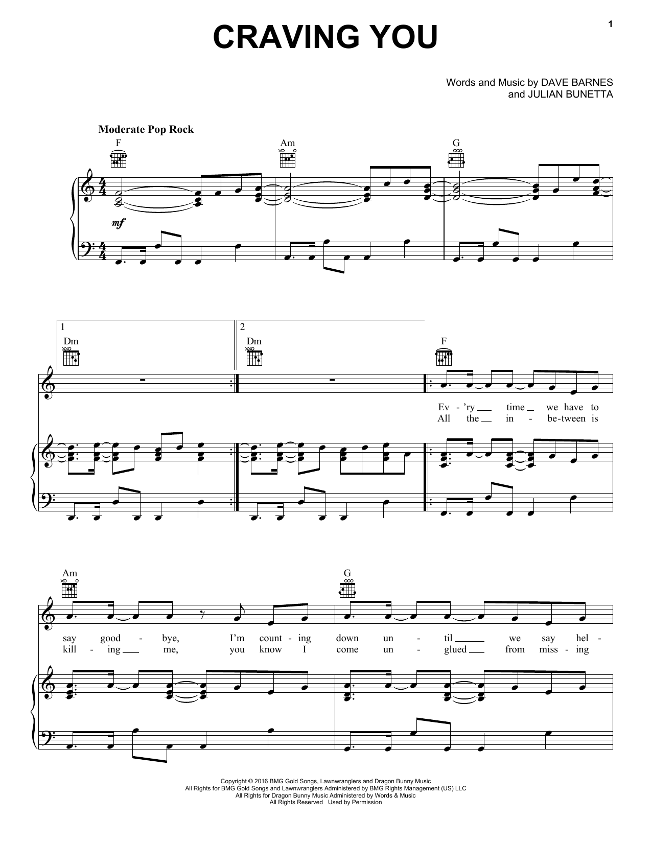 Download Thomas Rhett feat. Maren Morris Craving You Sheet Music and learn how to play Piano, Vocal & Guitar (Right-Hand Melody) PDF digital score in minutes