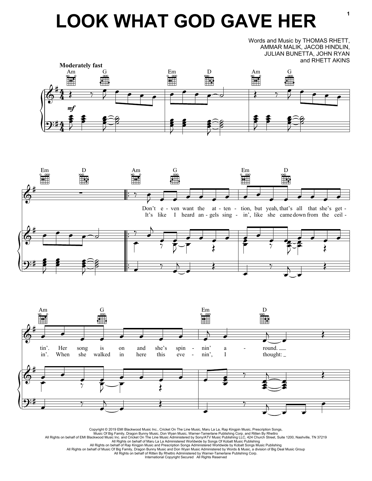 Download Thomas Rhett Look What God Gave Her Sheet Music and learn how to play Easy Guitar Tab PDF digital score in minutes