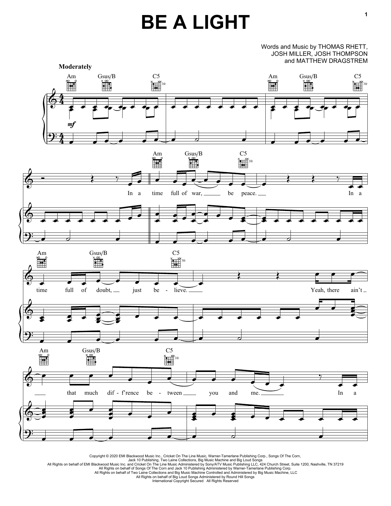 Download Thomas Rhett, Reba McEntire, Hillary Scott, Chris Tomlin and Keith Urban Be A Light Sheet Music and learn how to play Very Easy Piano PDF digital score in minutes