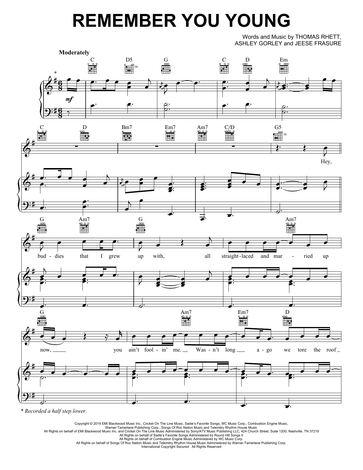 Download Thomas Rhett Remember You Young Sheet Music and learn how to play Piano, Vocal & Guitar Chords (Right-Hand Melody) PDF digital score in minutes