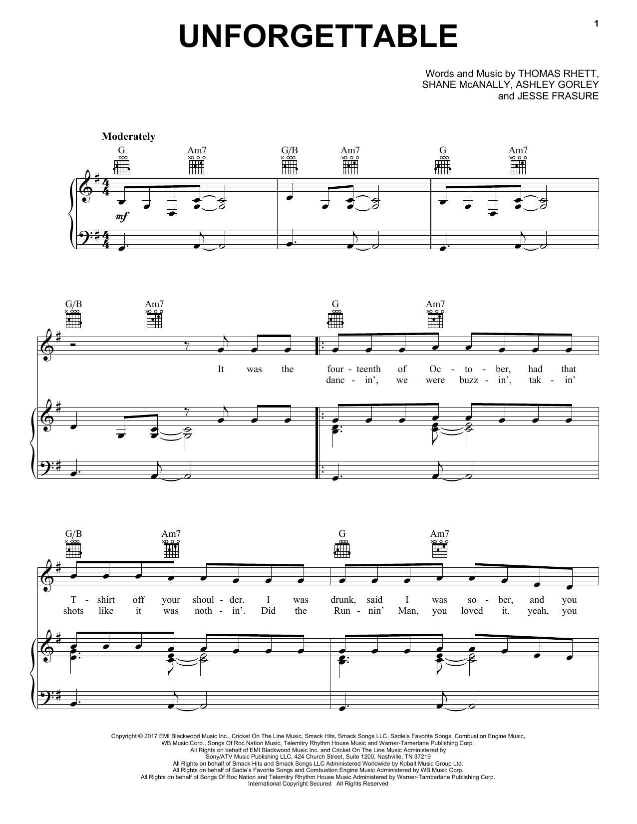 Download Thomas Rhett Unforgettable Sheet Music and learn how to play Piano, Vocal & Guitar (Right-Hand Melody) PDF digital score in minutes