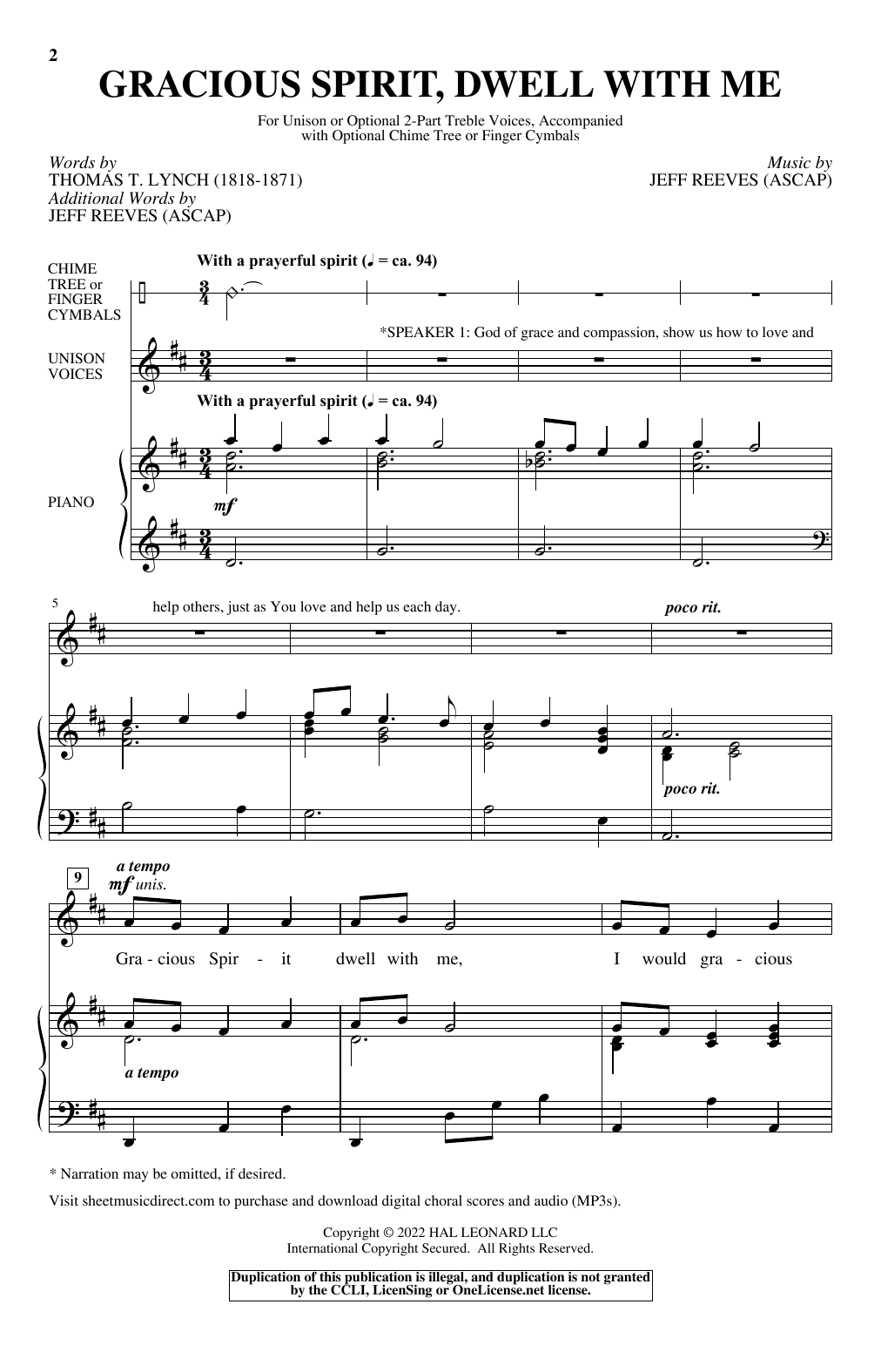 Download Thomas T. Lynch and Jeff Reeves Gracious Spirit, Dwell With Me Sheet Music and learn how to play Unison Choir PDF digital score in minutes