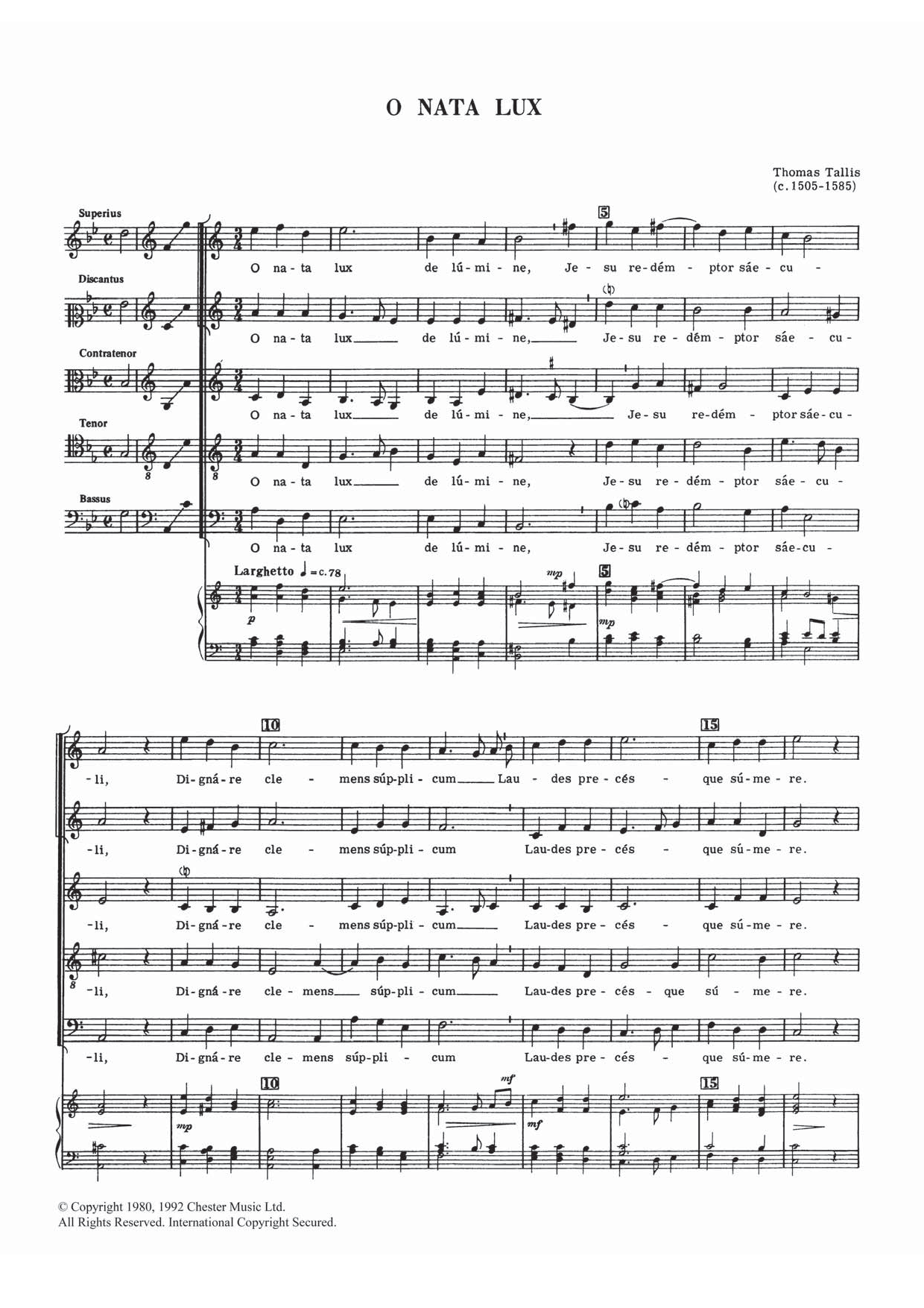 Download Thomas Tallis O Nata Lux Sheet Music and learn how to play Choral SSATB PDF digital score in minutes