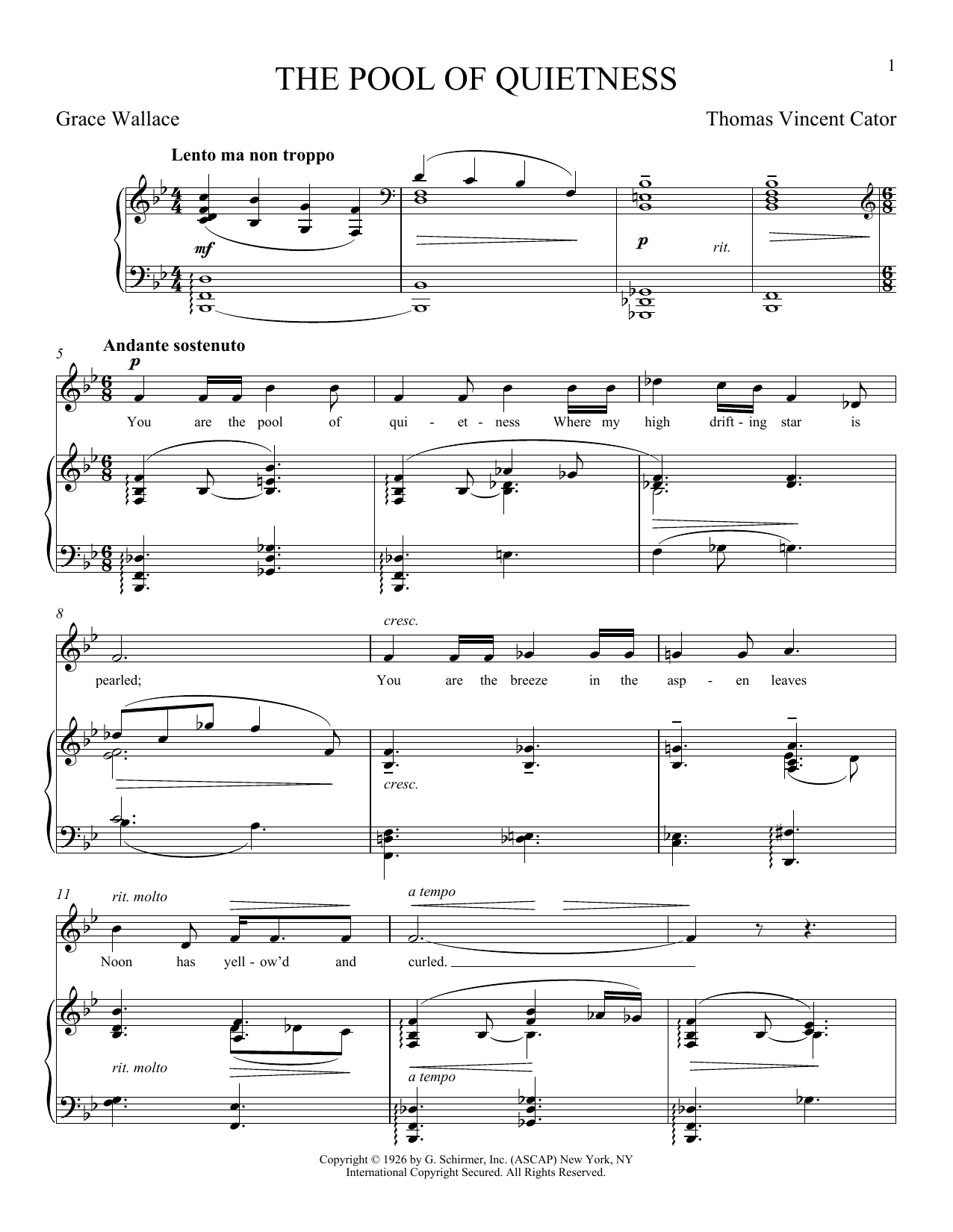 Download Thomas Vincent Cator The Pool Of Quietness Sheet Music and learn how to play Piano & Vocal PDF digital score in minutes
