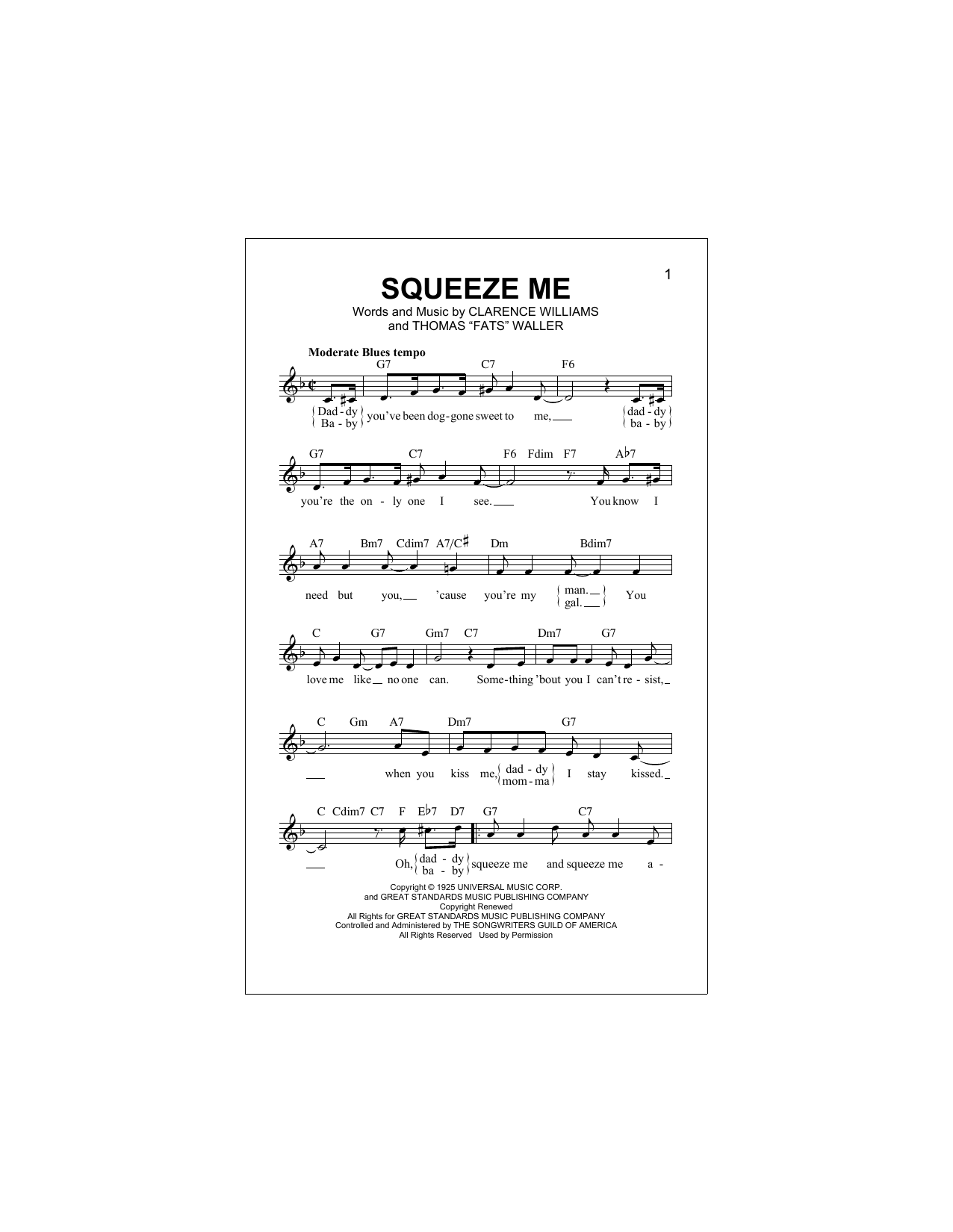 Download Thomas Waller Squeeze Me Sheet Music and learn how to play Melody Line, Lyrics & Chords PDF digital score in minutes