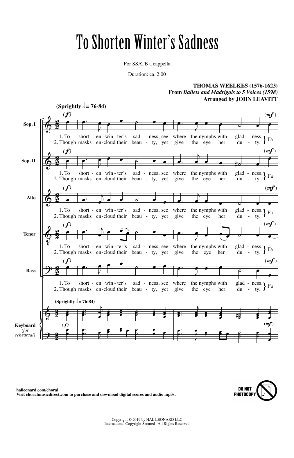 Download Thomas Weelkes To Shorten Winter's Sadness (arr. John Leavitt) Sheet Music and learn how to play SATB Choir PDF digital score in minutes