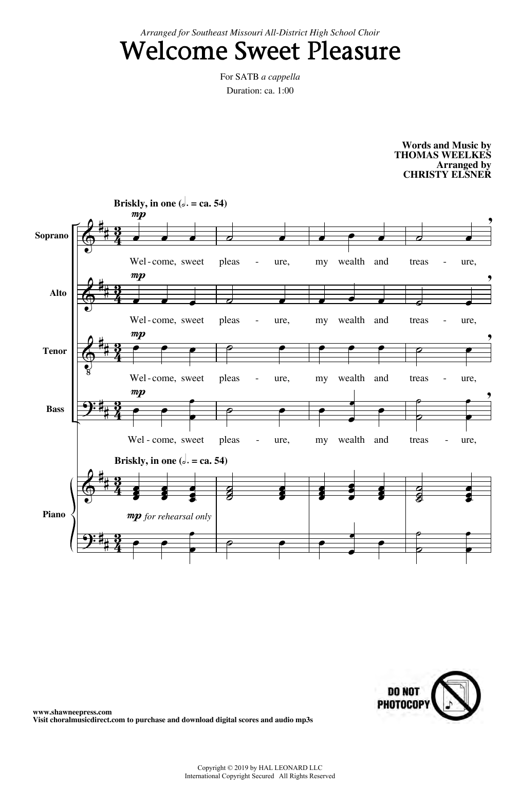 Download Thomas Weelkes Welcome Sweet Pleasure (arr. Christy Elsner) Sheet Music and learn how to play SATB Choir PDF digital score in minutes