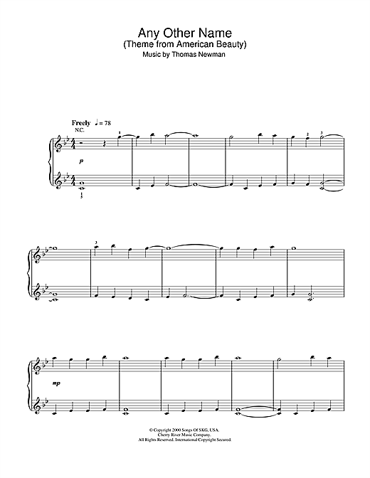 Download Thomas Newman Any Other Name (theme from American Beauty) Sheet Music and learn how to play Beginner Piano PDF digital score in minutes