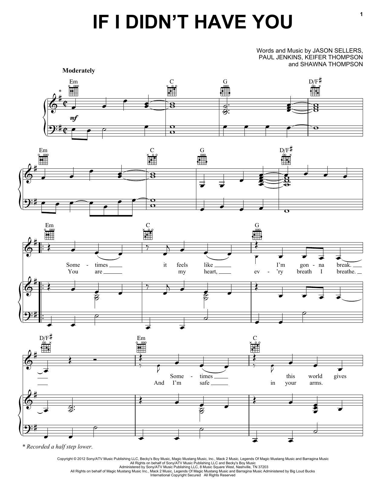 Download Thompson Square If I Didn't Have You Sheet Music and learn how to play Piano, Vocal & Guitar (Right-Hand Melody) PDF digital score in minutes