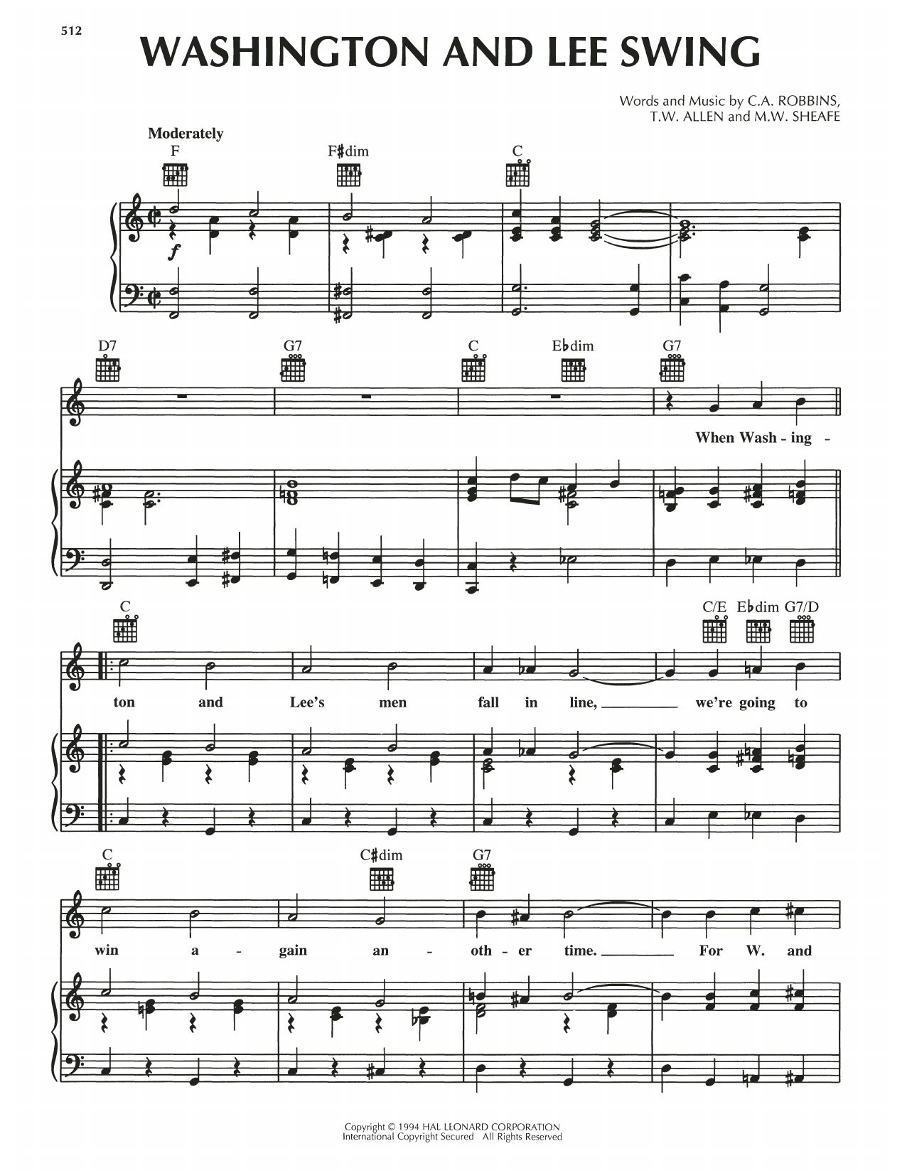 Download Thornton W. Allen Washington And Lee Swing Sheet Music and learn how to play Piano, Vocal & Guitar Chords (Right-Hand Melody) PDF digital score in minutes