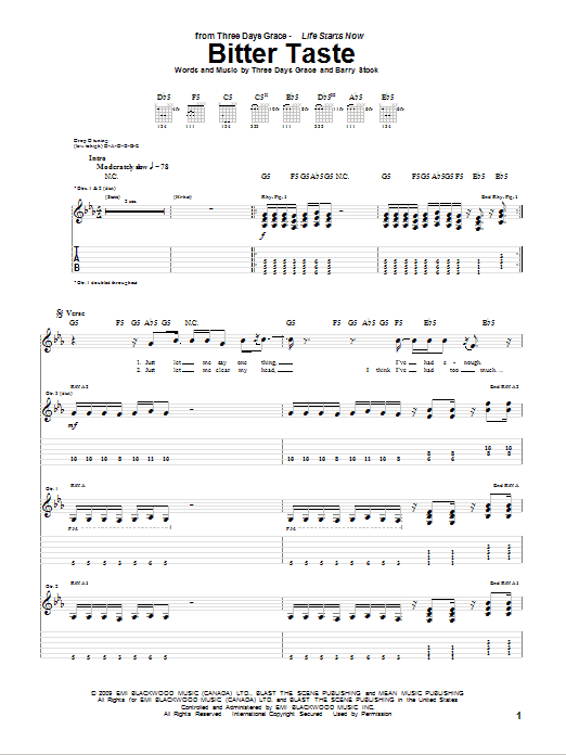 Download Three Days Grace Bitter Taste Sheet Music and learn how to play Guitar Tab PDF digital score in minutes