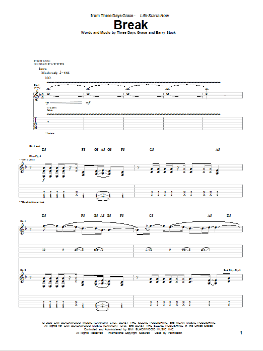 Download Three Days Grace Break Sheet Music and learn how to play Guitar Tab PDF digital score in minutes