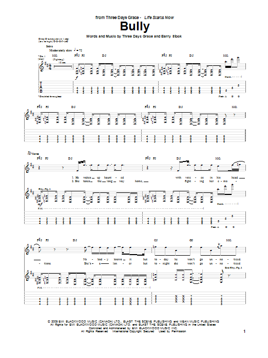 Download Three Days Grace Bully Sheet Music and learn how to play Guitar Tab PDF digital score in minutes