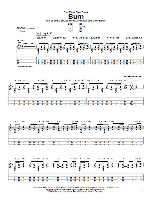 Download Three Days Grace Burn Sheet Music and learn how to play Guitar Tab PDF digital score in minutes