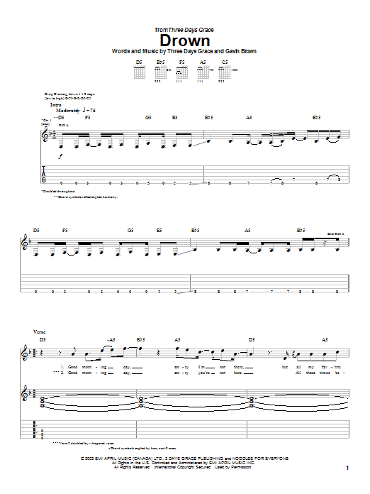 Download Three Days Grace Drown Sheet Music and learn how to play Guitar Tab PDF digital score in minutes