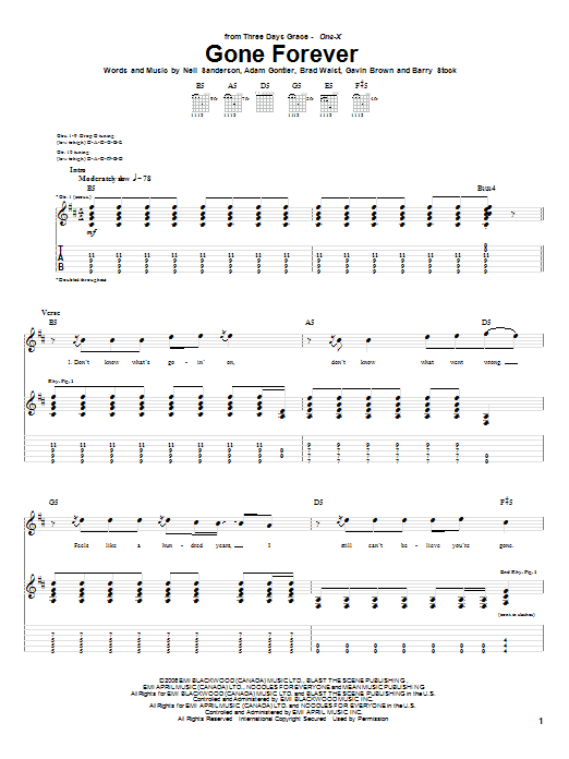 Download Three Days Grace Gone Forever Sheet Music and learn how to play Guitar Tab PDF digital score in minutes