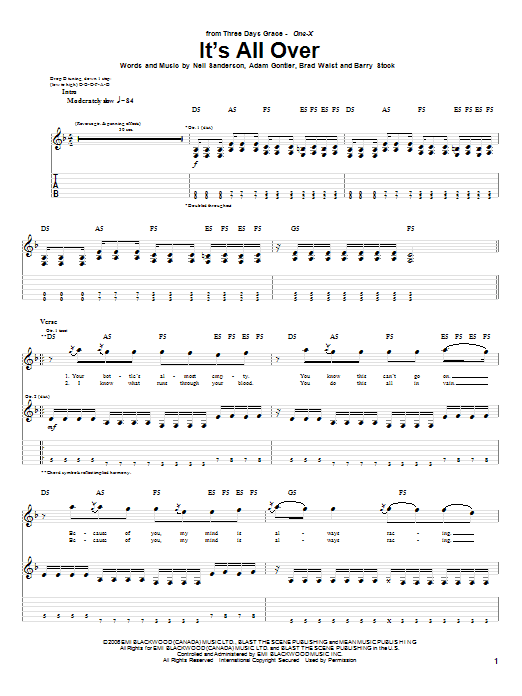Download Three Days Grace It's All Over Sheet Music and learn how to play Guitar Tab PDF digital score in minutes