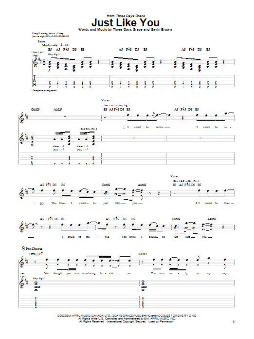 Download Three Days Grace Just Like You Sheet Music and learn how to play Guitar Tab PDF digital score in minutes