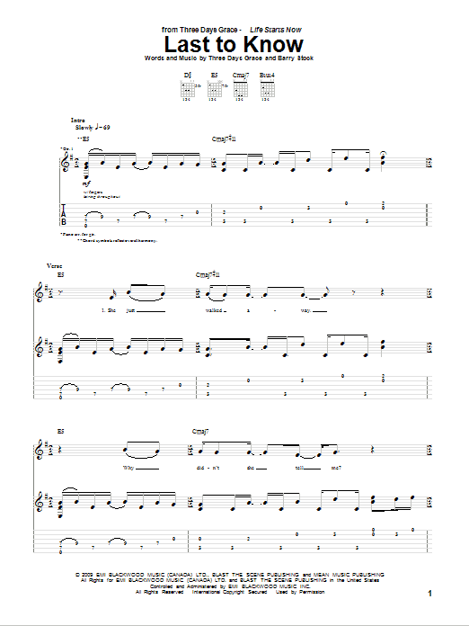 Download Three Days Grace Last To Know Sheet Music and learn how to play Guitar Tab PDF digital score in minutes