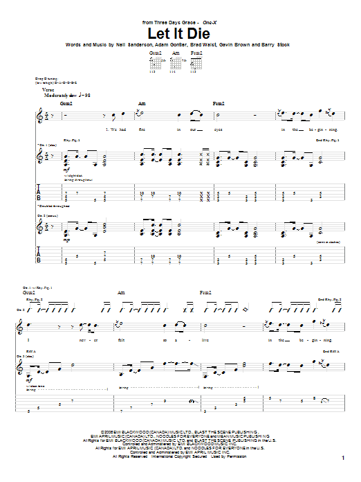 Download Three Days Grace Let It Die Sheet Music and learn how to play Guitar Tab PDF digital score in minutes