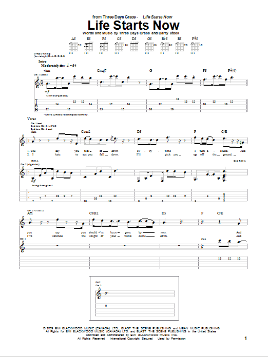 Download Three Days Grace Life Starts Now Sheet Music and learn how to play Guitar Tab PDF digital score in minutes